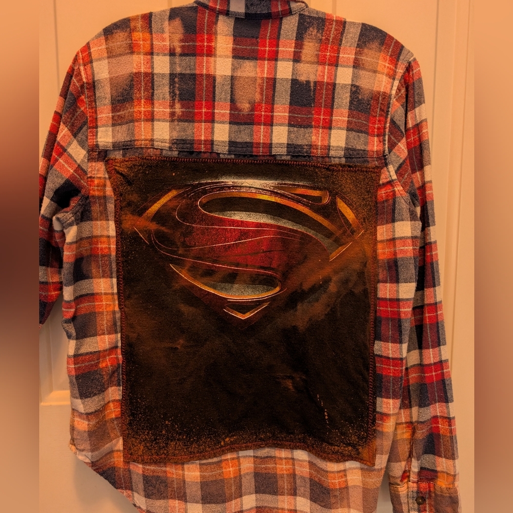 Superman Plaid Upcycled Flannel Shirt Hand Crafted Handmade Distressed